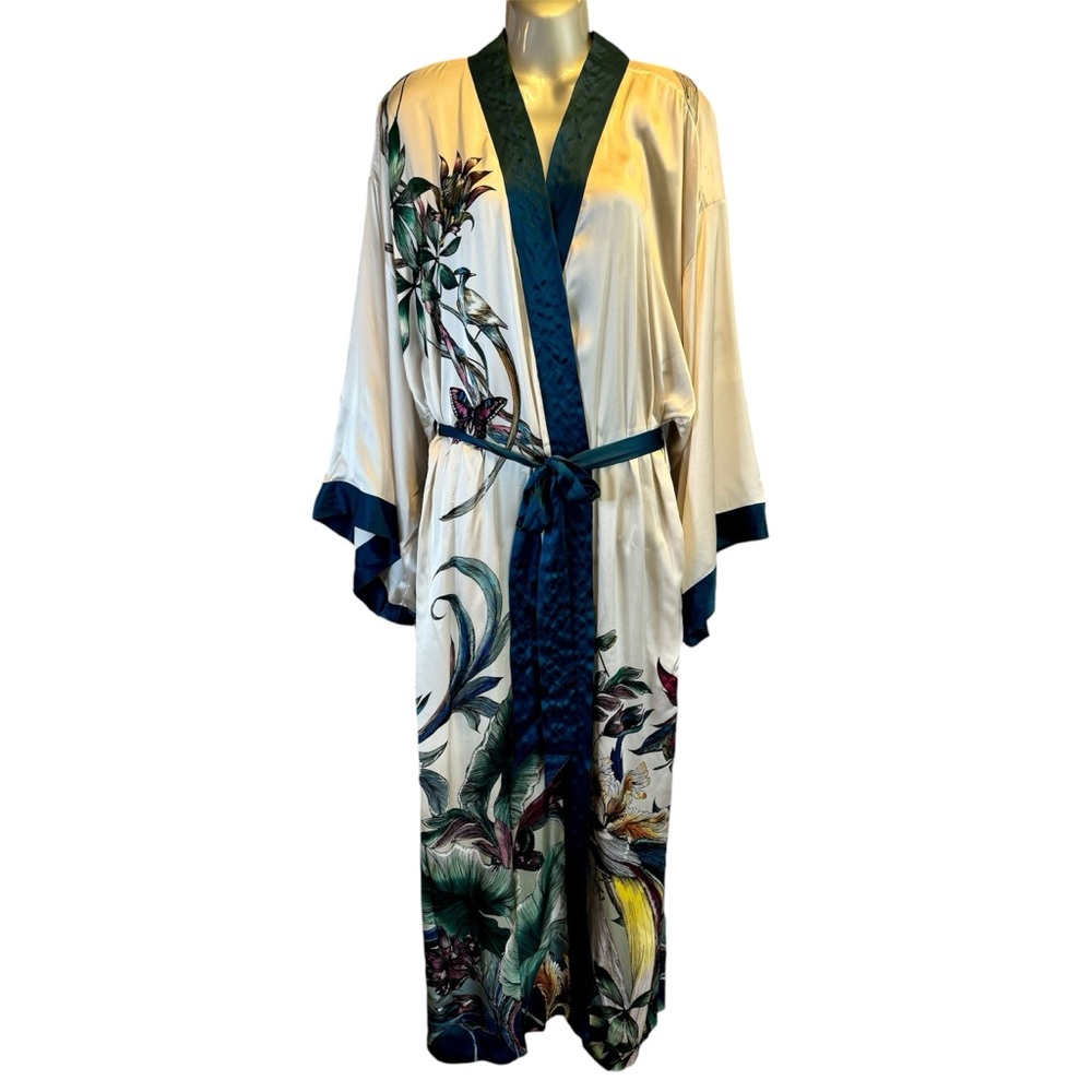Soma Sensual L/XL 100% Silk Robe Birds & Butterflies Slip Chemise Loungewear